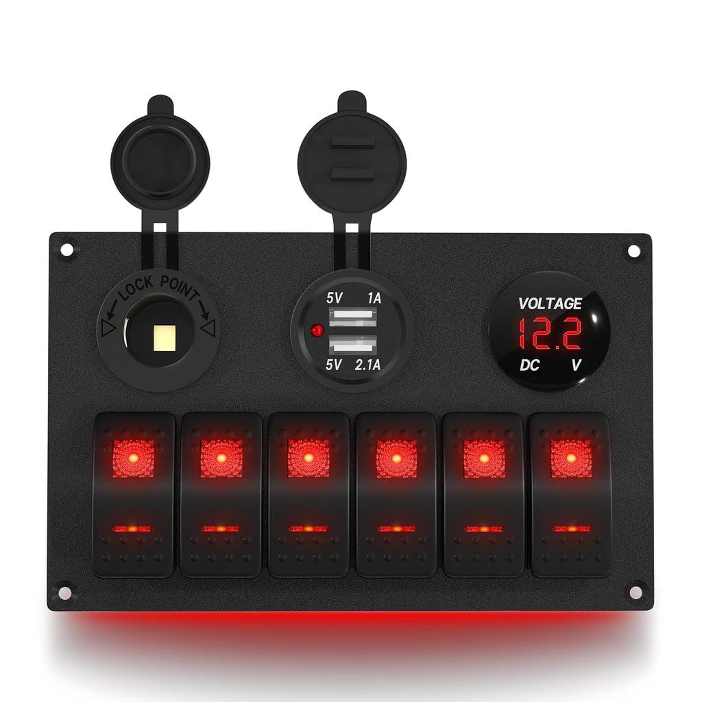 6-Gang Marine Rocker Switch Panel with USB, Voltmeter & Cigarette Lighter