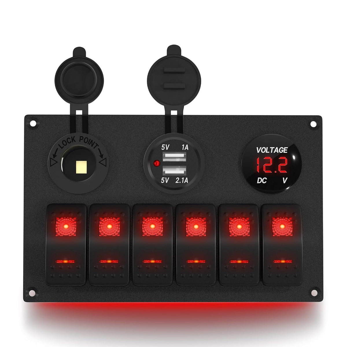 6-Gang Marine Rocker Switch Panel with USB, Cigarette Lighter & Voltmeter