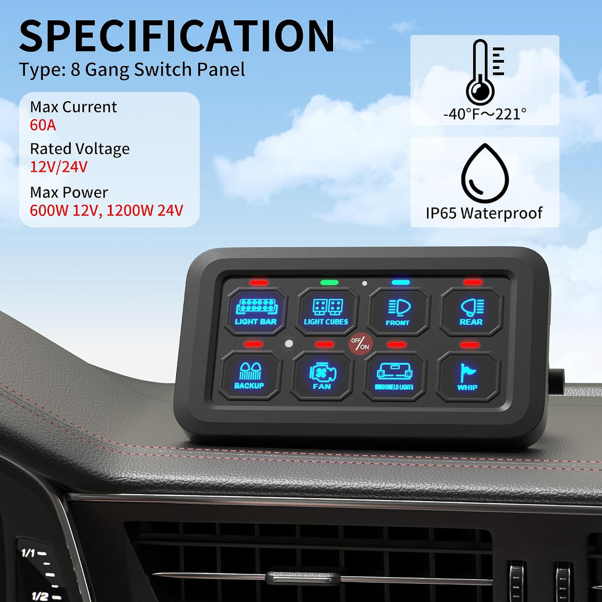 8-Gang RGB LED Auxiliary Switch Panel – Multi-Function Touch Control