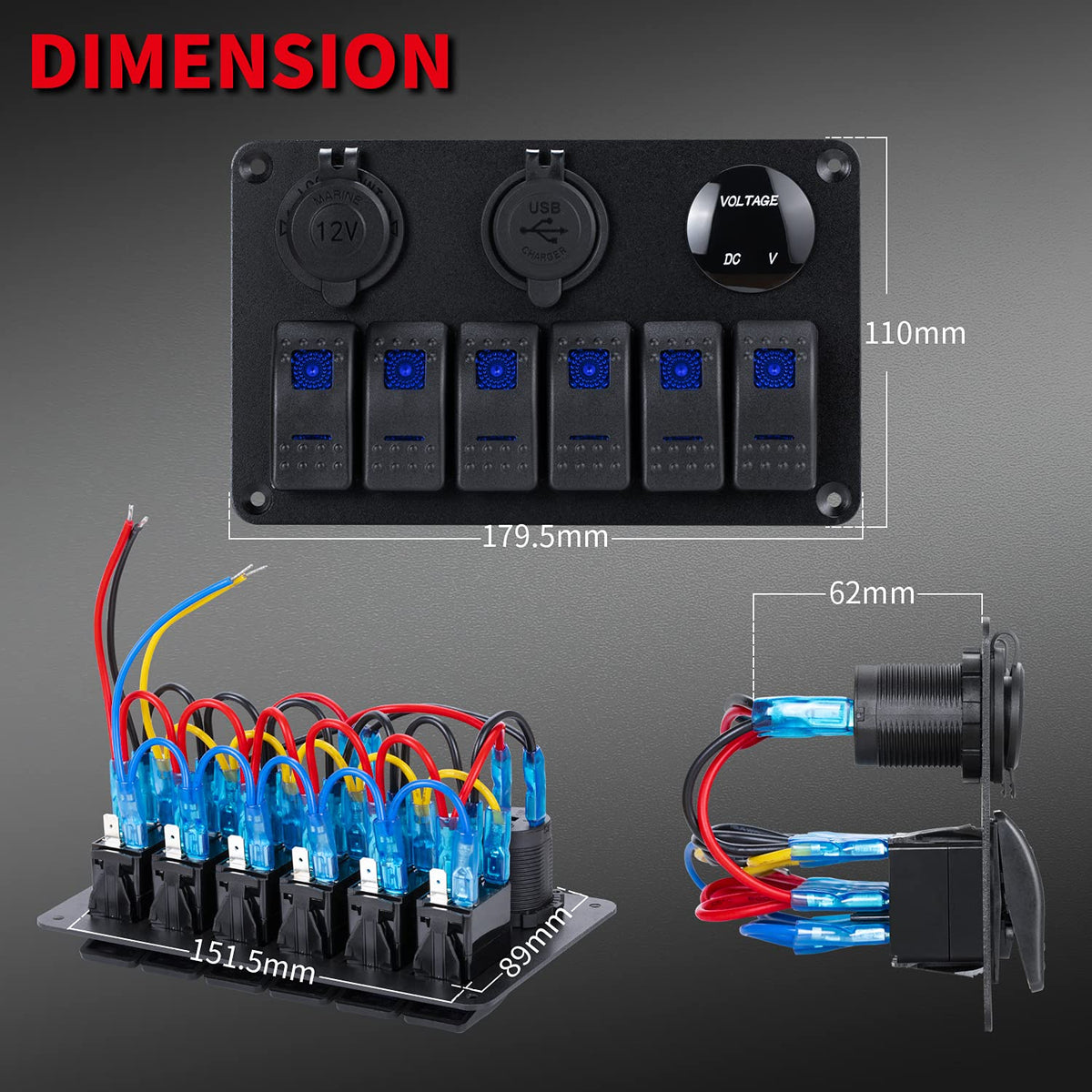 6-Gang Marine Rocker Switch Panel with USB, Cigarette Lighter & Voltmeter