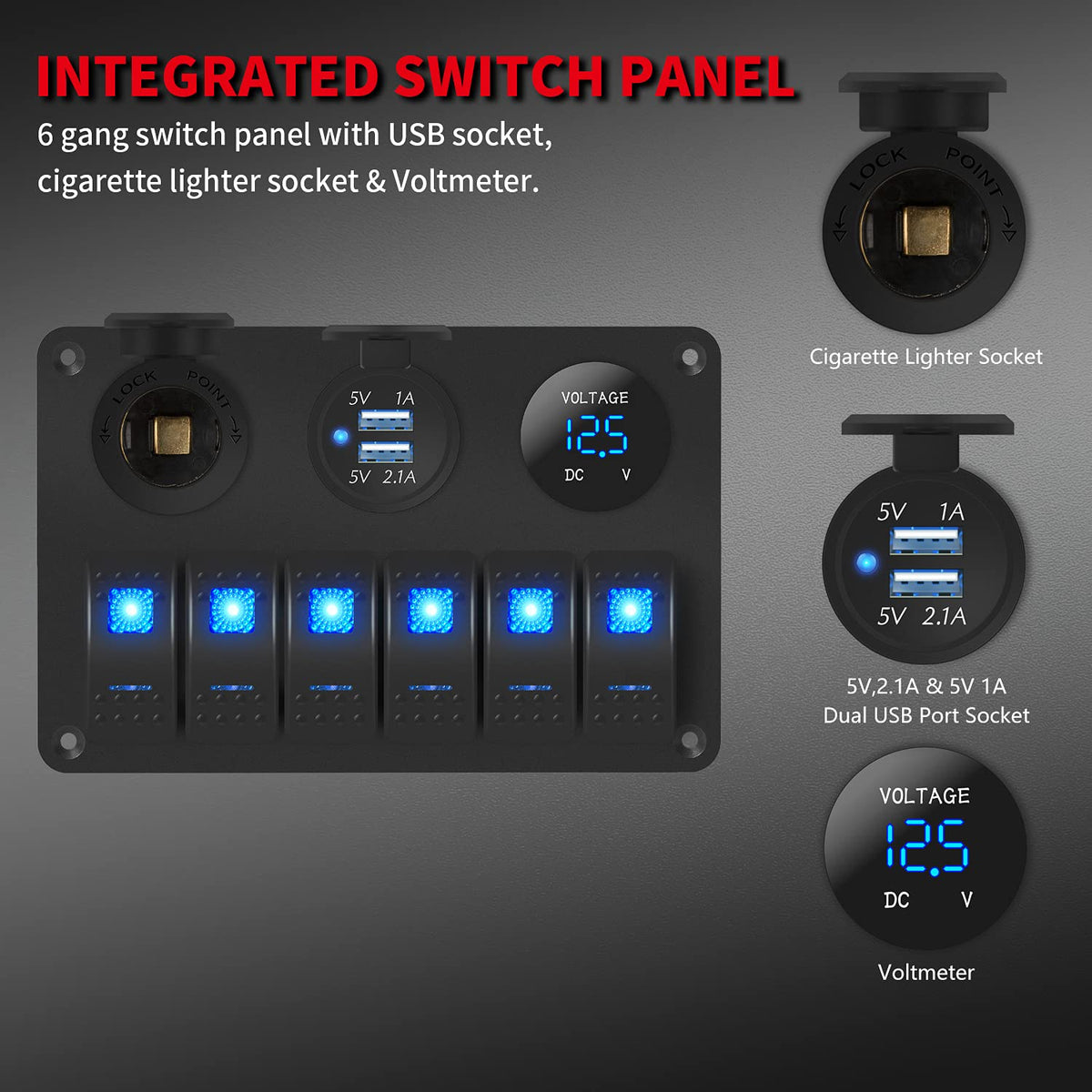 6-Gang Marine Rocker Switch Panel with USB, Voltmeter & Cigarette Lighter