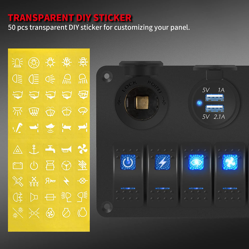 6-Gang Marine Rocker Switch Panel with USB, Voltmeter & Cigarette Lighter