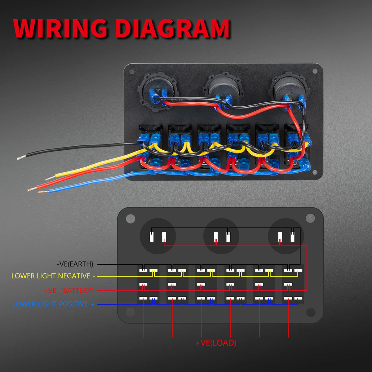 6-Gang Marine Rocker Switch Panel with USB, Voltmeter & Cigarette Lighter