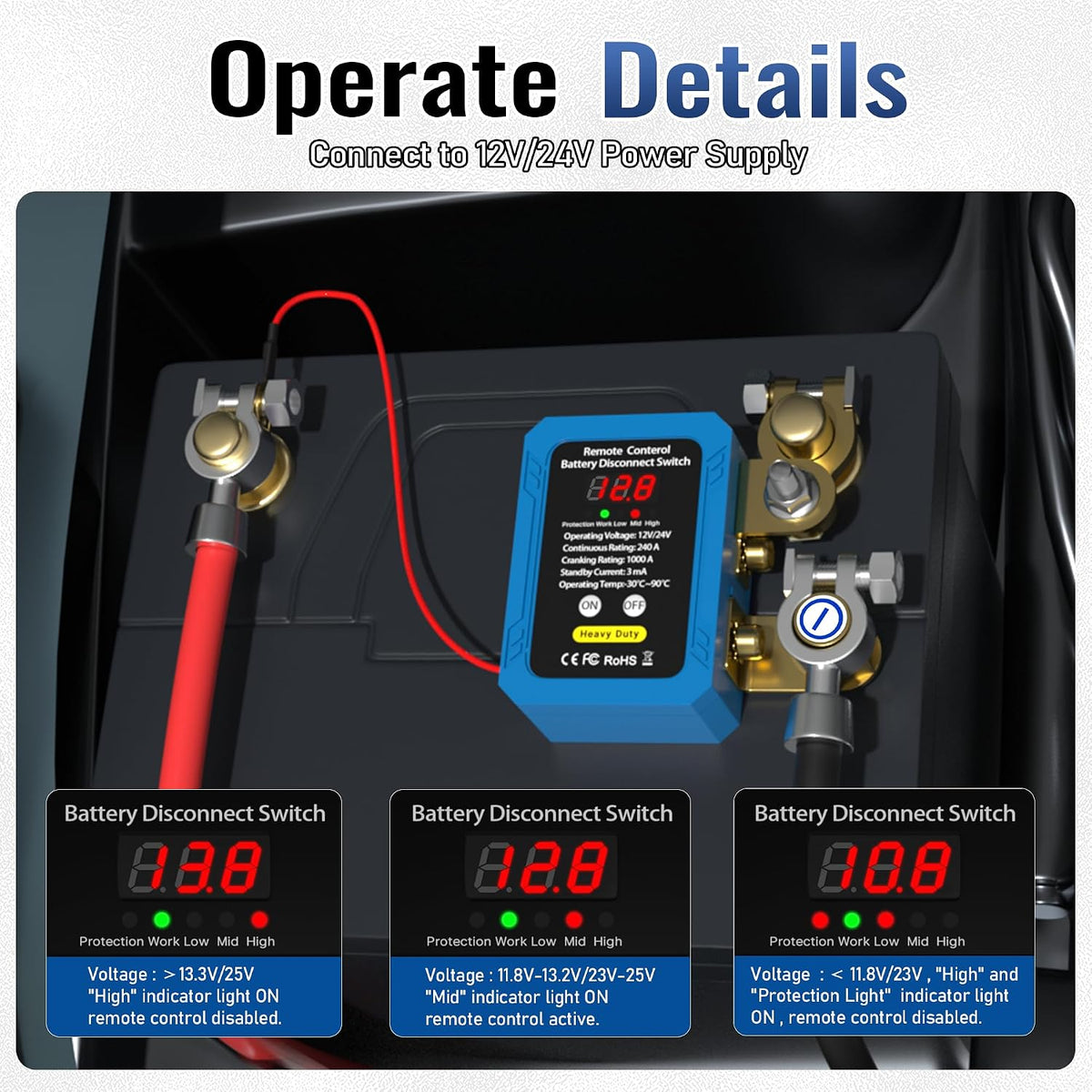 240A Remote Battery Disconnect Switch with Voltmeter – 12V/24V